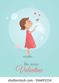 Valentine day card greeting card with cute girl, vector illustration