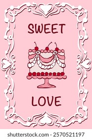 Valentine Day card with hand draw frame and cute elements. Vintage Love concept. Vector illustration in pink red colors. Card, postcard, print. Doodle and sketch vector retro poster