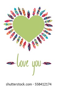 Valentine day card heart with feathers in ethnic style, vector illustration on white background.