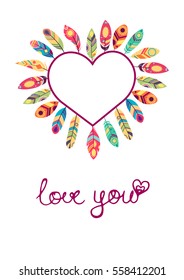 Valentine day card heart with feathers in ethnic style, vector illustration on white background.