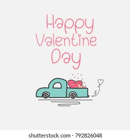 Valentine Day Card With Heart Truck And Love. Hand Drawn Vector Illustration.