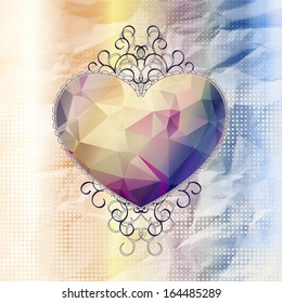 Valentine day card with hipster triangle pattern heart and elegant curly lines on crumpled paper background