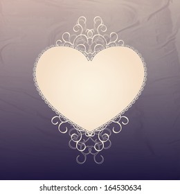 Valentine day card with laconic heart and elegant ringlets on bedsheets-like violet background