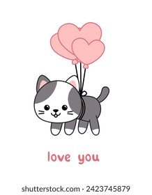 Valentine day card. Love you. Kitten is flying by balloon. Cartoon, kawaii, vector eps 10
