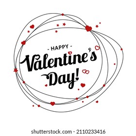 Valentine Day Card In Outline Abstract Heart. Line Round Frames With Lettering - Happy Valentine Day. On White Background With Red Hearts And Dot. Valentine Banner. Vector Illustration.