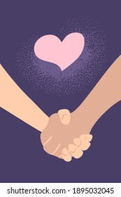 Valentine Day card with pink heart and holding hands. St Valentine Day greeting postcard in flat style. Love relationship couple vector illustration. 14 February party or romantic date invitation