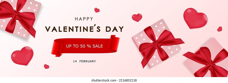 Valentine day card with present and heart on pink background. Vector banner for promotion shopping product sale or card of offer for love holiday. Graphic design