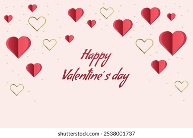 A Valentine Day card with red hearts, gold outlines, and Happy Valentines day text on a light background.