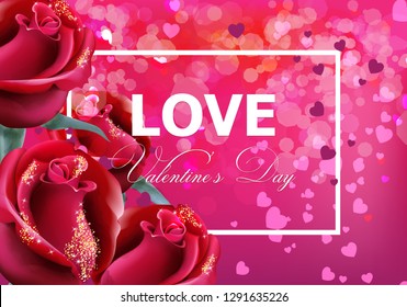 Valentine day card with red roses Vector realistic. Soft bokeh effect romantic card templates