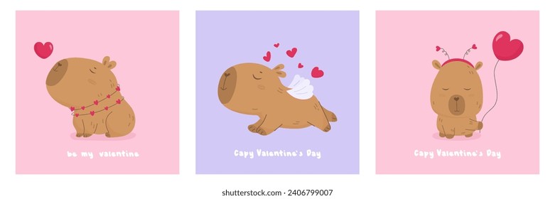 Valentine Day card set with cute lovely capybara