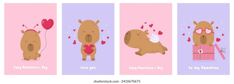 Valentine Day card set with cute lovely capybara