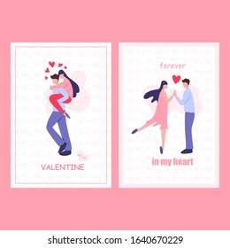 Valentine day card set. Happy couple in love. Lover celebrate romantic date. Idea of relationship and love. Man and wo,am kiss. Isolated vector illustration in cartoon style