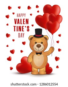 Valentine day card with teddy bear and heart balloons. Cute animal illustration