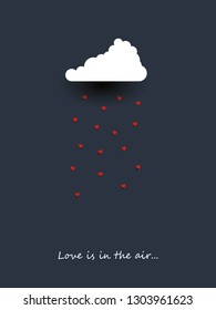 Valentine day card template with cloud raining hearts. Romantic adorable minimalist cartoon. Love symbol. Eps10 vector illustration.