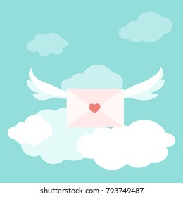 Valentine Day card template. Flying pink white letter envolope with wings sealed with red heart love symbol. Bright blue sky with white clounds. Vector design illustration.