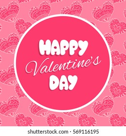 Valentine day card template vector. Pink love background with heart patterns. Holiday print for banner, greeting gift, party flyer and invitation.