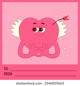 Tarjeta de San Valentín con texto hacia, desde y copiar espacio. Encantador personaje de corazón con alas y flecha cupids en estilo groovy retro de moda. Colores rosados. Vector