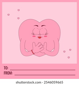 Tarjeta de San Valentín con texto hacia, desde y copiar espacio. Encantador personaje de corazón en estilo groovy retro de moda. Colores rosados. Perfecto para contenido de redes sociales y más. Vector
