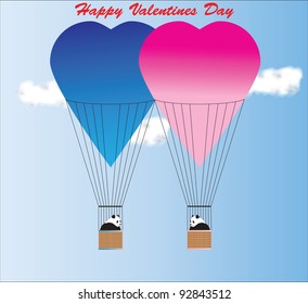 Valentine Day Card of Two Giant Pandas in Blue and Pink Hot Air Balloons