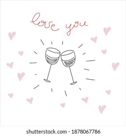Valentine Day card with two glasses in vector.