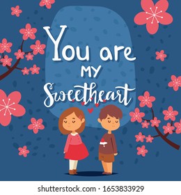 Valentine day card with typography text you are my sweetheart, romantic boy and girl, vector illustration. Cute children cartoon characters in love, valentine day romantic card template, sweetheart
