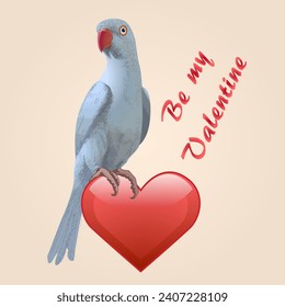 Valentine Day card. Vector blue ring neck parrot bird with red heart on a beige background 