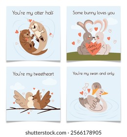 Valentine Day Cards with Hand Drawn Animals Couples. Romance concept postcards collection. Minimalist love letters with cartoon characters. Otters, rabbits, doves and swans. Flat vector illustration