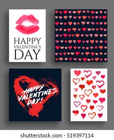 Valentine Day Cards and Painted Hearts Set. Realistic vector lips imprint. Seamless pattern on dark background. Grunge greeting. Hand drawn love symbols collection. Brush strokes design.