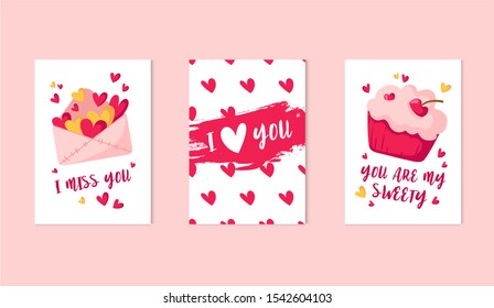 Valentine Day cards set - cartoon sweet cupcake or dessert, pink envelope for letters with hearts, lovely phrases, cute flat holiday decorations, vector illustration for print, postcard, poster