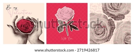 Valentine Day cards set with halftone roses. Contemporary vector illustration of distressed female hands holding red flower, vintage wrapping with floral design, romantic pictures cutout, love collage