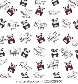 Valentine day cards special love background textures with cute giant panda and romantic calligraphy texts