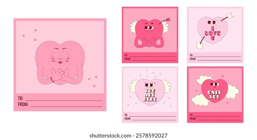 Valentine day cards with text to, from and copy space. Lovely hearts characters and text in trendy retro groovy style. Pink colors. Vector post set