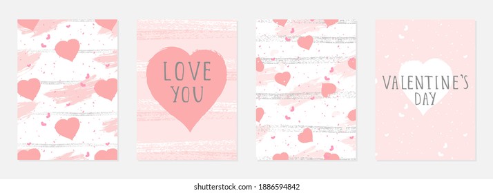 Valentine day cards with watercolor hearts,  grunge elements and hand drawn lettering. Vector backgrounds set.