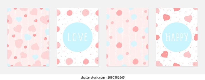 Valentine day cards with watercolor hearts,  grunge elements and hand drawn lettering. Vector backgrounds set.