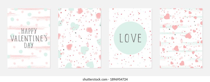 Valentine day cards with watercolor hearts,  grunge elements and hand drawn lettering. Vector backgrounds set.