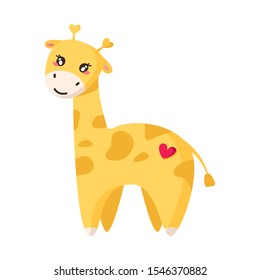 Valentine Day cartoon card - kawaii giraffe with cute face, happy flat character, isolated cartoon object on white, kids illustration for postcard, print - vector