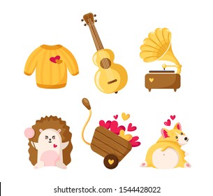 Valentine Day cartoon corgi puppy, kawaii  hedgehog, sweater, cart with hearts, guitar and retro  gramophone, cute flat cartoon characters and holiday decorations, isolated vector icons