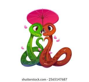 Valentine day cartoon green and brown snakes intertwined under a pink umbrella, surrounded by falling flower petals. vector cute reptile characters pair fall in love, symbolizes protection and unity