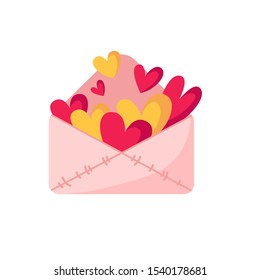 Valentine Day cartoon pink envelope for letters and little hearts, holiday love message, cute  isolated cartoon object on white, kids illustration for greeting, postcard, print - vector