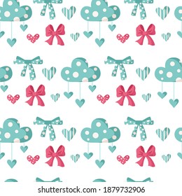Valentine day cartoon seamless pattern - cute kids valentine bow, cloud, heart, nursery endless digital paper in pink and peppermint color, background for textile, scrapbooking, wrapping paper