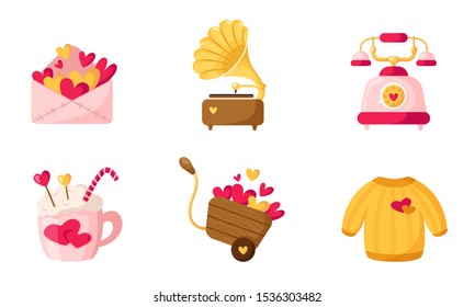 Valentine Day cartoon set - cute flat cartoon objects in retro style, envelope with hearts, hot drink in mug, vintage phone, gramophone, trolley, knitted sweater - isolated vector icons on white 