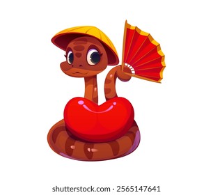 Valentine day cartoon snake character with traditional Chinese conical hat, holding red fan and wrapped around glossy heart, conveys love and cultural elegance. Vector festive romantic brown reptile