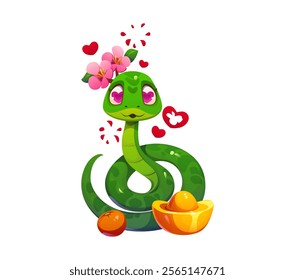 Valentine day cartoon snake character with pink blossom accessories and heart shaped eyes, surrounded by love symbols and traditional Chinese gold sychee ingots and mandarin fruit symbol of prosperity