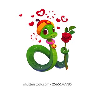 Valentine day cartoon snake character with love hearts. Vector cute green reptile serpent snake wearing a festive Chinese hat and bell necklace, holding a red rose, exudes love, romantic charm and joy