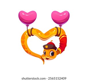 Valentine day cartoon snake character shaped like a heart, flying with pink balloons tied to its body, symbolizing love. Vector adorable orange reptile, serpent animal wearing festive Chinese attire