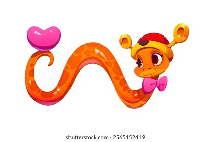 Valentine day cartoon snake character with love hearts. Vector playful orange reptile, serpent animal wearing red festive hat and pink bowtie balances a pink heart on its tail, with charm and fun