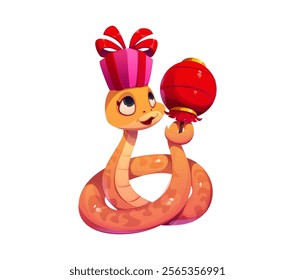 Valentine day cartoon snake character holding a festive red lantern and gift box on its head. Vector charming orange reptile, serpent animal symbolizing celebration and festivity, for Chinese New Year