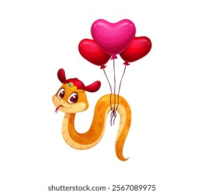 Valentine day cartoon snake character wears traditional red Chinese hat, flying on bunch of heart shaped balloons. Vector reptile, serpent animal celebrates love and festivity with red balloons