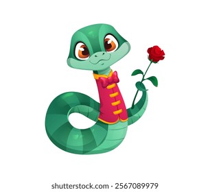 Valentine day cartoon snake character dressed in a red traditional festive Chinese vest with a matching bow tie, holding a rose flower, exudes love and romance. Vector elegant reptile, serpent animal