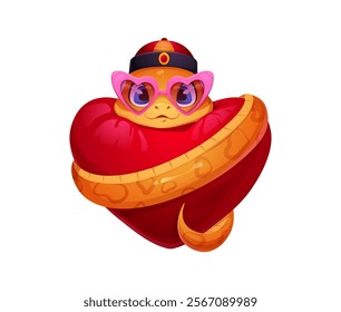 Valentine day cartoon snake character wrapped around red heart, wearing festive pink heart shaped glasses and traditional Chinese hat symbolizes love, celebration and festivity for Lunar New Year 2025